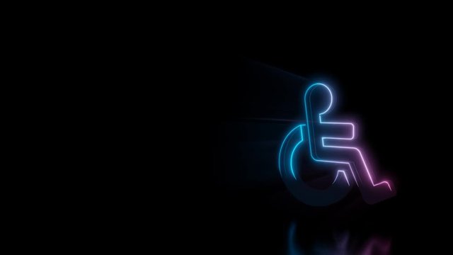 Abstract 3d rendering glowing blue purple neon symbol of wheelchair with glowing outlines with rays on black background with reflection