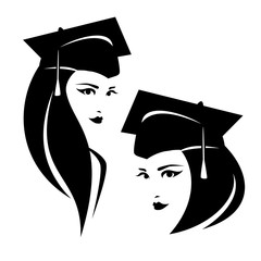 beautiful young woman in square academic mortarboard cap - graduate female student black and white vector portrait