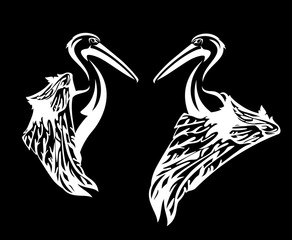 pelican bird profile head and wing - white animal against black background vector outline