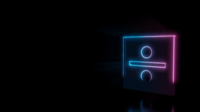 Abstract 3d rendering glowing blue purple neon symbol of divide symbol in square with glowing outlines with rays on black background with reflection