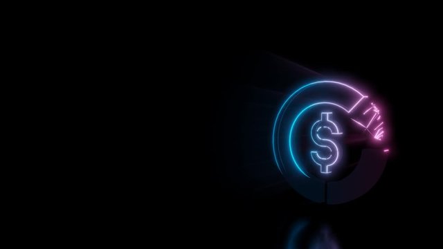 Abstract 3d rendering glowing blue purple neon symbol of circular diagram with dollar symbol in the middle with glowing outlines with rays on black background with reflection