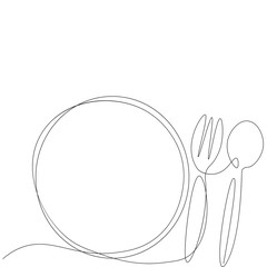 Spoon and fork near plate silhouette. Vector illustration