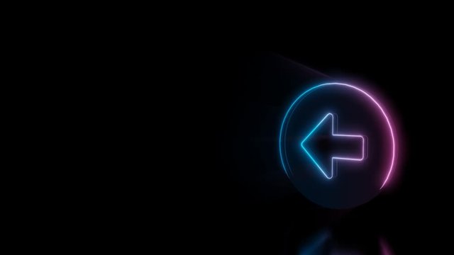 Abstract 3d rendering glowing blue purple neon symbol of close left rounded arrow in circle with glowing outlines with rays on black background with reflection