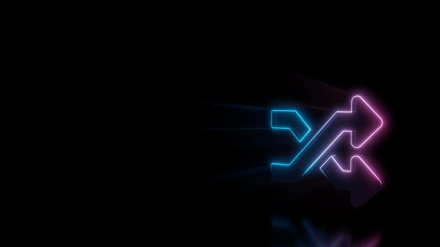 Abstract 3d rendering glowing blue purple neon symbol of random arrows with glowing outlines with rays on black background with reflection