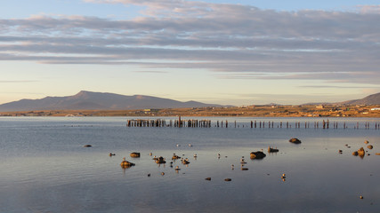 Puerto Natales, Patagonia, Chile: Ultima Esperanza (Last Hope) fjord, sunset and Muelle Viejo (historic pier)