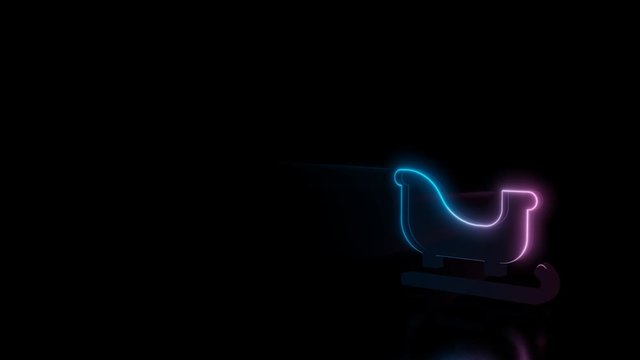 Abstract 3d rendering glowing blue purple neon symbol of sleigh with glowing outlines with rays on black background with reflection