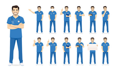 Male nurse character set in different poses isolated vector illustartion