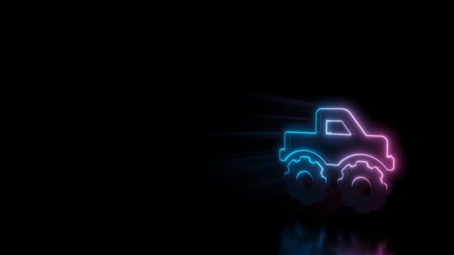Abstract 3d rendering glowing blue purple neon symbol of monster truck with glowing outlines with rays on black background with reflection