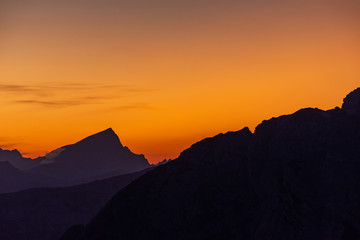 Panoramic view of the Dolomites at sunset taken from the three peaks of Lavaredo