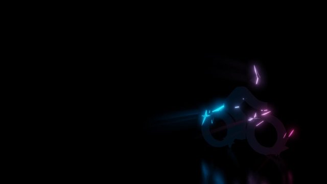 Abstract 3d rendering glowing blue purple neon symbol of bike with rider with glowing outlines with rays on black background with reflection
