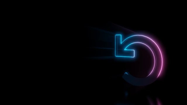 Abstract 3d rendering glowing blue purple neon symbol of undo arrow with glowing outlines with rays on black background with reflection