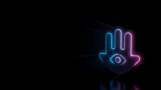 Abstract 3d rendering glowing blue purple neon symbol of hand with eye inside with glowing outlines with rays on black background with reflection