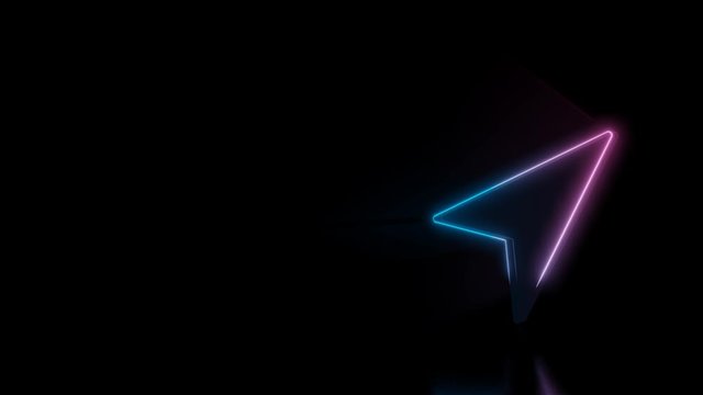 Abstract 3d rendering glowing blue purple neon symbol of navigation arrow right with glowing outlines with rays on black background with reflection