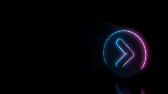Abstract 3d rendering glowing blue purple neon symbol of right chevron in circle with glowing outlines with rays on black background with reflection