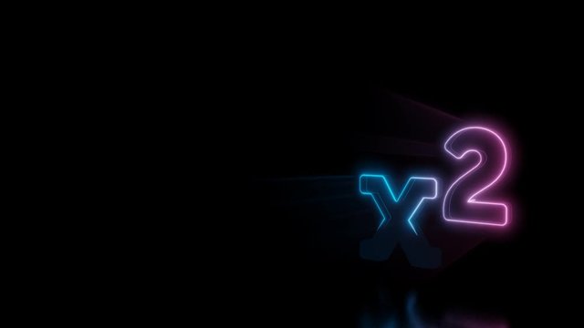 Abstract 3d rendering glowing blue purple neon symbol of superscript with glowing outlines with rays on black background with reflection