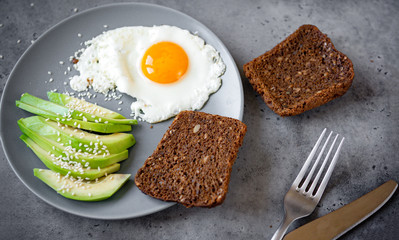 eggs with avocado with slices of grain bread on a plate on a gray ,  fork