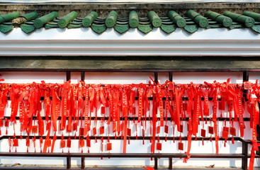Traditional Chinese Wall with Fortune Red Ribbons, Guilin, China