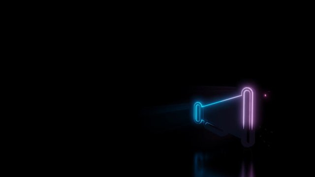 Abstract 3d rendering glowing blue purple neon symbol of old megaphone with sound waves with glowing outlines with rays on black background with reflection