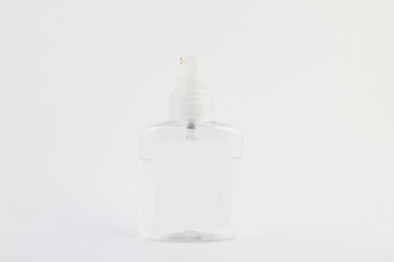 Bottle of antiseptic antibacterial disinfectant isolated on white background. Coronavirus protection