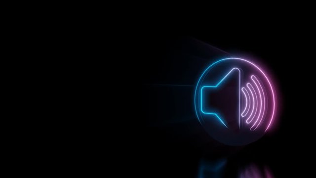 Abstract 3d rendering glowing blue purple neon symbol of speaker in circle high with glowing outlines with rays on black background with reflection