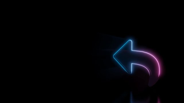 Abstract 3d rendering glowing blue purple neon symbol of reply sign with glowing outlines with rays on black background with reflection