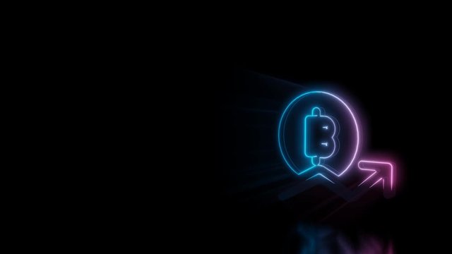 Abstract 3d rendering glowing blue purple neon symbol of bitcoin with growing trend with glowing outlines with rays on black background with reflection