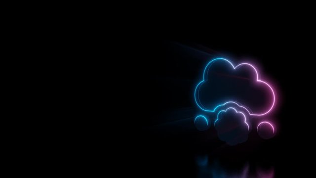 Abstract 3d rendering glowing blue purple neon symbol of cloud falling meatball with glowing outlines with rays on black background with reflection
