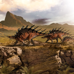 Obraz na płótnie Canvas Kentrosaurus dinosaurs marching in prehistoric landscape