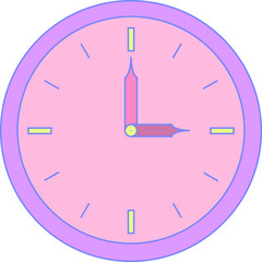 The round clock of alarm with purple corpus and rose face or dial. Three or fifteen hours o'clock