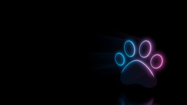 Abstract 3d rendering glowing blue purple neon symbol of animal paw with glowing outlines with rays on black background with reflection