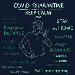 Coronavirus attention illustration, how to do on quarantine pandemic covid-19, rules of life and good ideas. How to stay healthy - handwritten vector text.