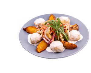 fried potato wedges with mushrooms and white sauce for a restaurant menu
