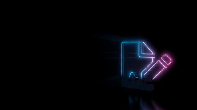 Abstract 3d rendering glowing blue purple neon symbol of paper with bent corner and signature and pen with glowing outlines with rays on black background with reflection