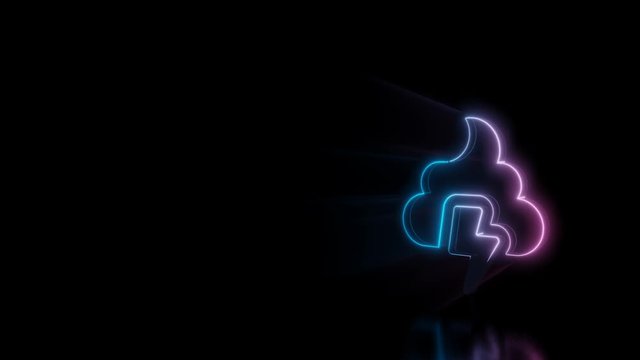 Abstract 3d rendering glowing blue purple neon symbol of poo storm with glowing outlines with rays on black background with reflection