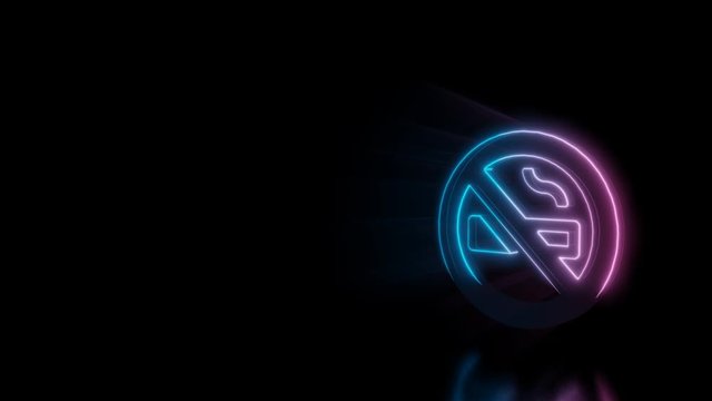 Abstract 3d rendering glowing blue purple neon symbol of cigarette in ban circle with slash with glowing outlines with rays on black background with reflection