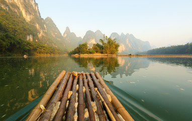 Bamboo Raft on Li River at Sunrise, Huangbu (Yellow Cloth), Guilin, China