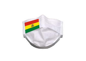 Bolivia flag on medical mask isolated on a white background. Healthcare and medical concept. Pandemic virus COVID-19