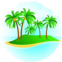 Illustration of a small desert island with palm trees, sea and beach, with nice background vector