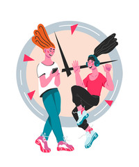 Fitness plan concept with women characters at background with clock planning diet nutrition and exercising. Diet helper application for weight loss and health. Cartoon vector illustration isolated.