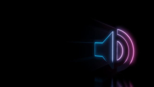 Abstract 3d rendering glowing blue purple neon symbol of speaker loud with glowing outlines with rays on black background with reflection