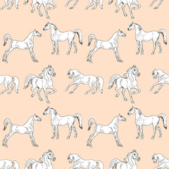 seamless background of pen-drawn horses on a white and colored background, pattern of isolated drawings