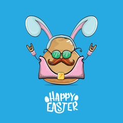 vector rock star easter potato funny cartoon character with blue bunny ears isolated on blue background. rock n roll easter party poster or happy easter greeeting card