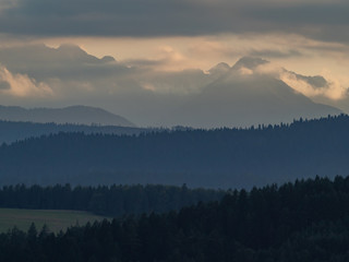Fototapeta na wymiar Mountain ranges in light fog. Tatra Mountains, Poland