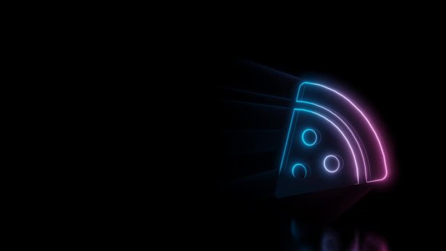 Abstract 3d rendering glowing blue purple neon symbol of pizza slice with glowing outlines with rays on black background with reflection
