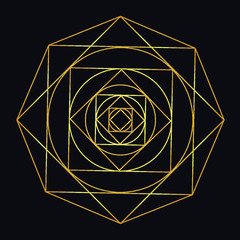Neon golden line vector sketch of a tattoo rose mandala with flower petals, square, polygon, point, circle and seamless pattern. Hand-drawn alchemy, spirituality, with mystical geometry symbol.