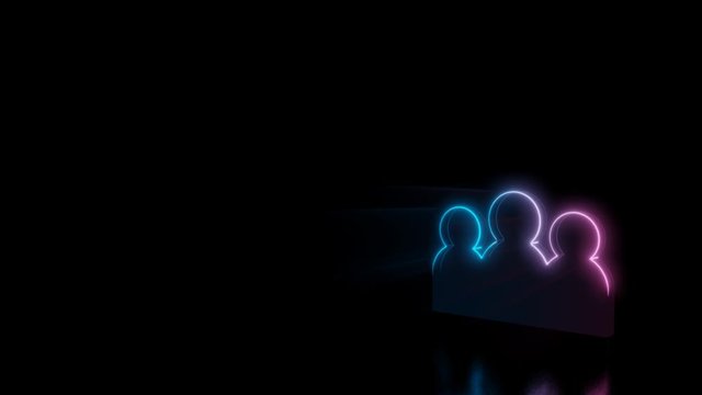 Abstract 3d rendering glowing blue purple neon symbol of group of three people with glowing outlines with rays on black background with reflection