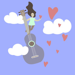 guitar in the clouds with a girl and hearts