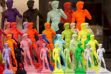 A collection of souvenir Davids, the famous sculpture by Michelangelo, in a shop window in...
