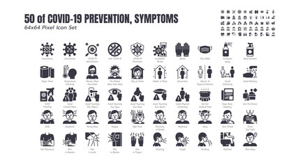 Simple Set of Covid-19 Prevention Solid Glyph Icons. such Icons as Protective, Coronavirus, Social Distancing, Symptoms, Quarantine, Stay at Home, Hand Washing, Shelter in Place 64x64 Pixel.