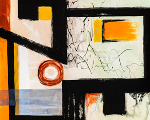 A geometric abstract painting.  Roughly executed brushwork and blocks of color, with a dominant black framework.